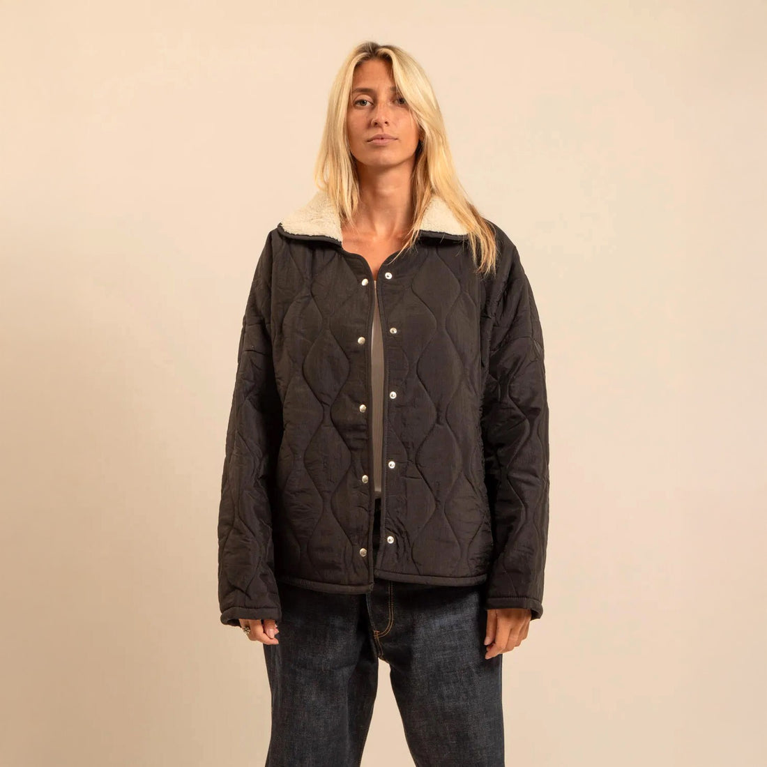 Columbus Fleece Lined Collared Quilt Jacket - Black