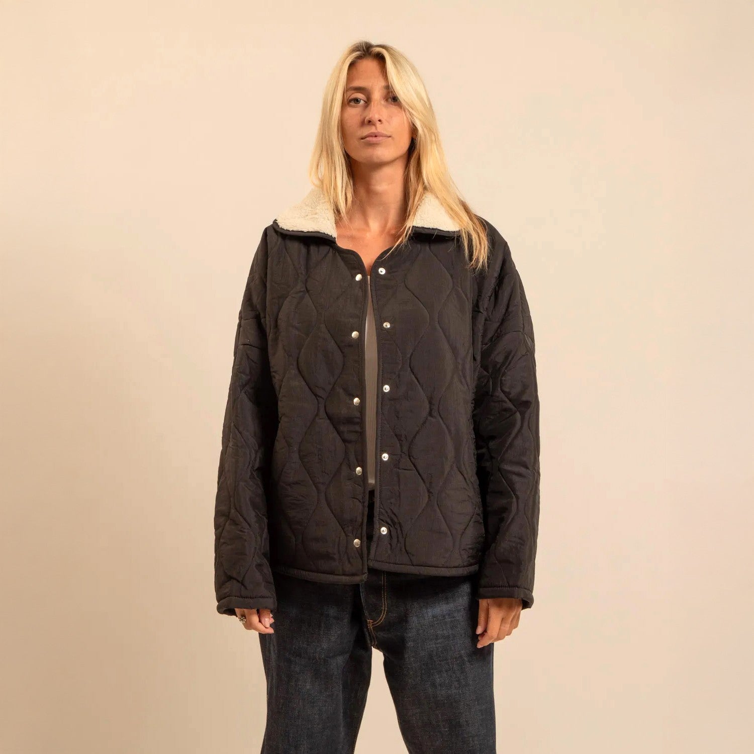 Columbus Fleece Lined Collared Quilt Jacket - Black