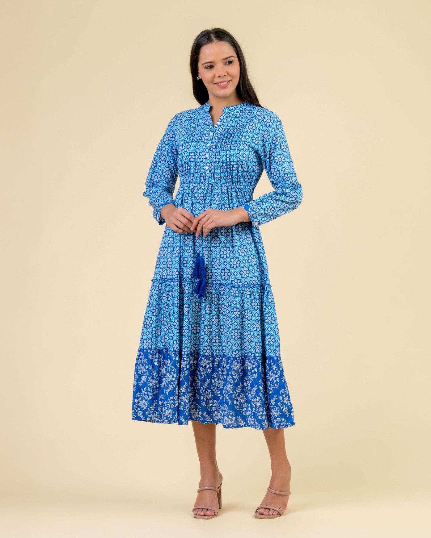 Corfu Long Sleeve Cotton Dress - Mosaic Turquoise Blue
