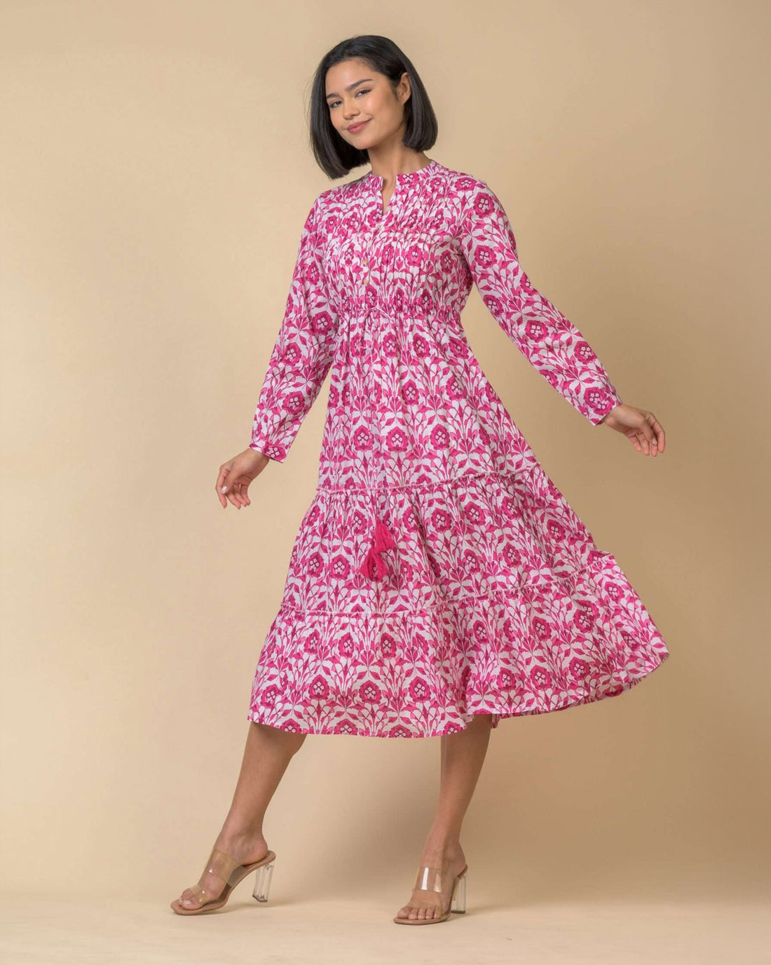 Corfu Long Sleeve Cotton Dress - Tasmin Pink