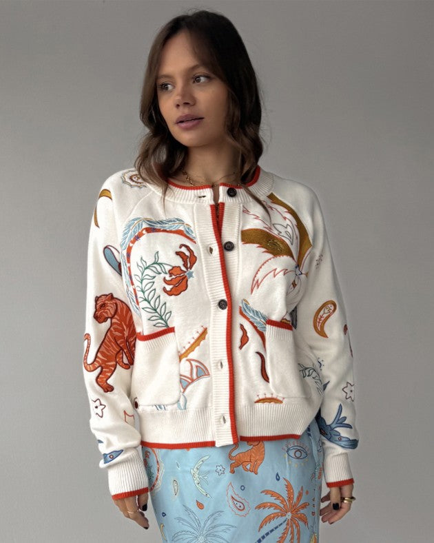 Cream Cheryl Cardigan In Tigress Print - Cream