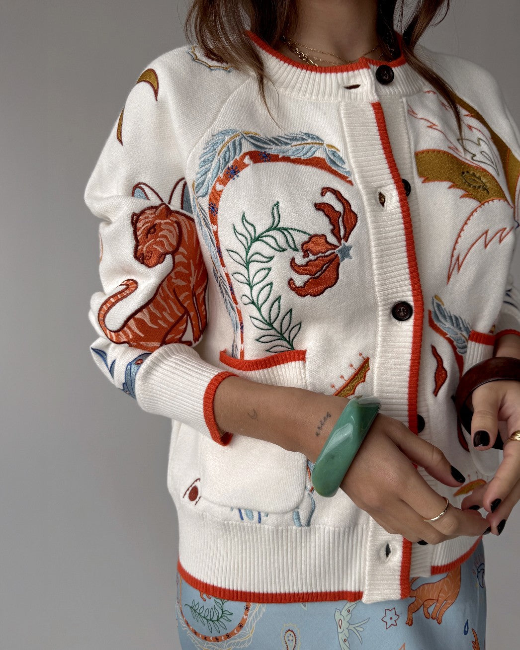 Cream Cheryl Cardigan In Tigress Print - Cream