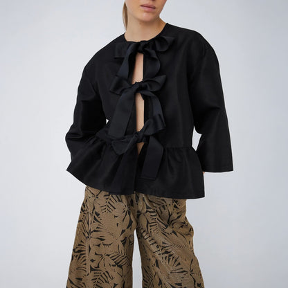 Crispy Peplum Bow Blouse - Black