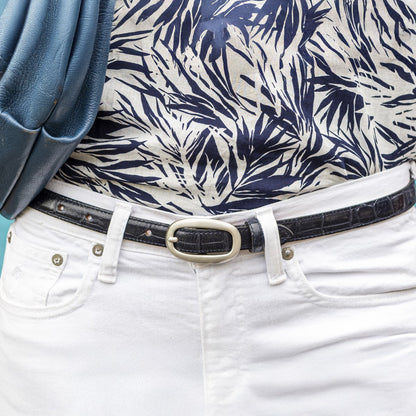 Croc Skinny Belt Silver Buckle - Black