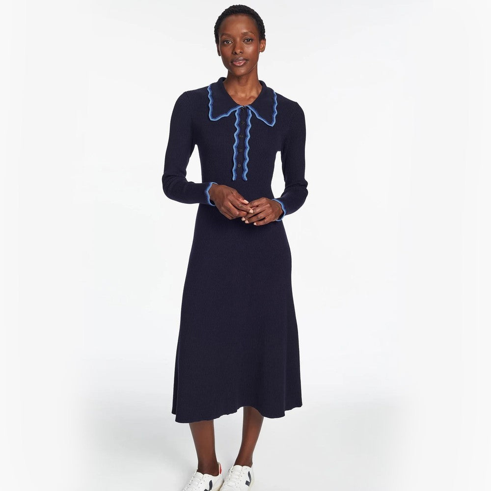 Josie Crochet Col Rib Dress - Navy/Blue