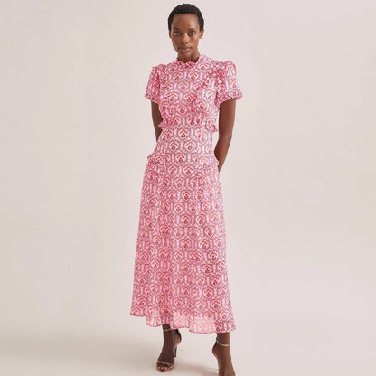 Mirabel Frill Detail Maxi Dress - Pink Carnation Print