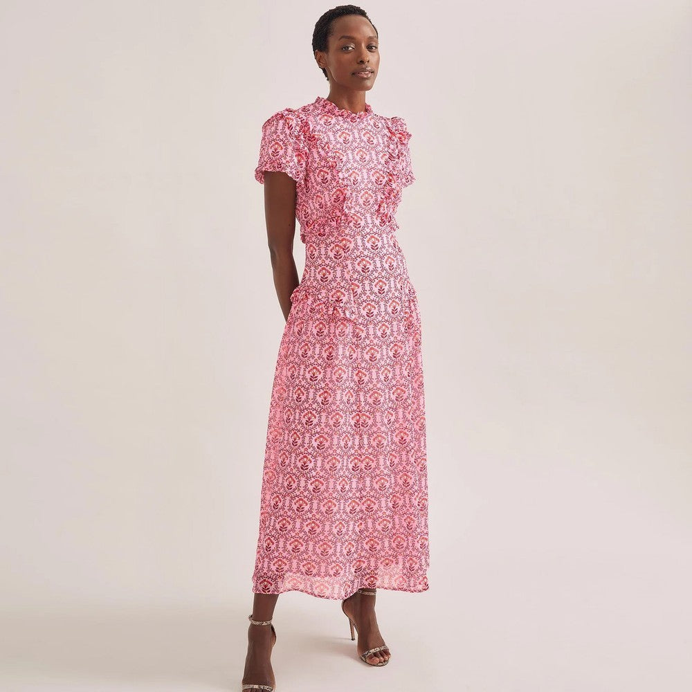 Mirabel Frill Detail Maxi Dress - Pink Carnation Print