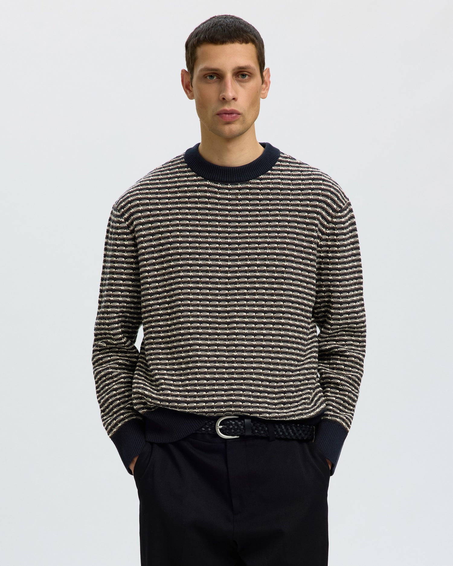 Darrell Long Sleeve Structure Crew Neck - Sky Captain/Turkish Coffee/Oatmeal