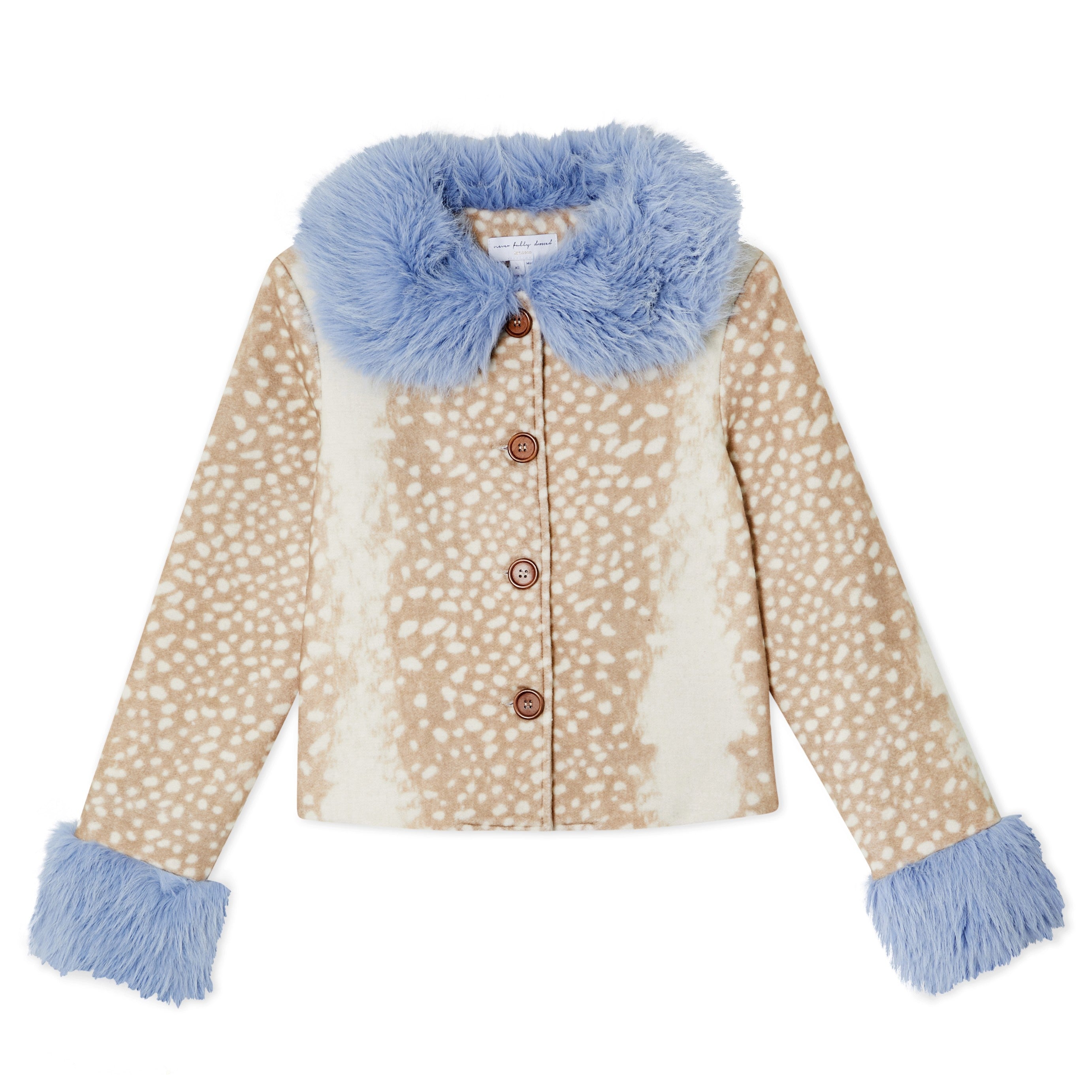 Deer Print Jacket With Blue Fur Trims - Beige