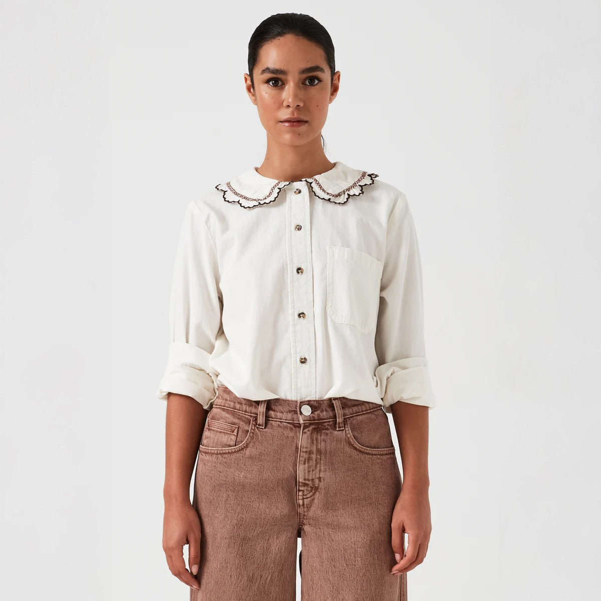 Delilah Blouse - Ecru With Contrast Denim