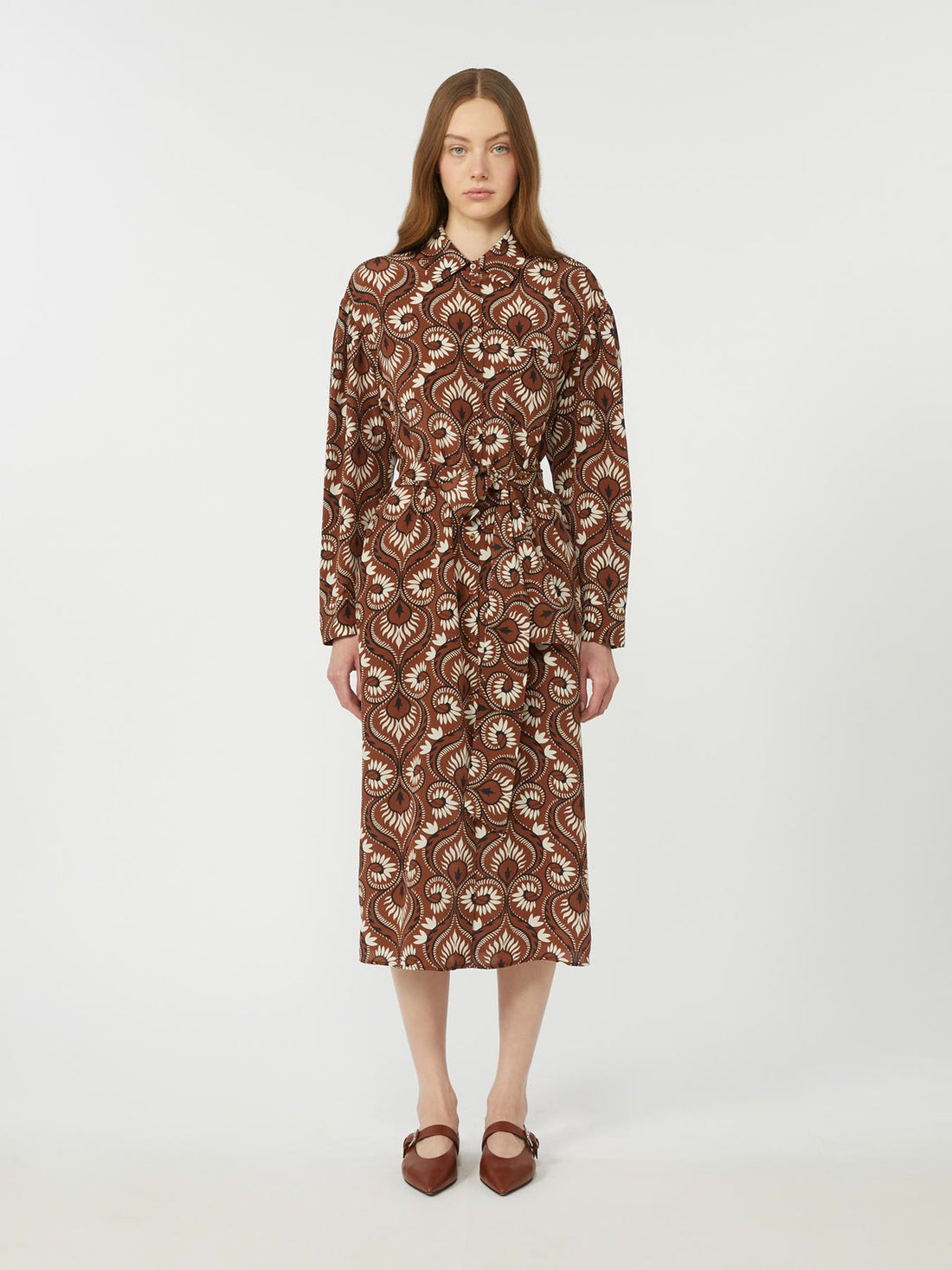 Dolmen 100% Silk Patterned Dress - Tobacco