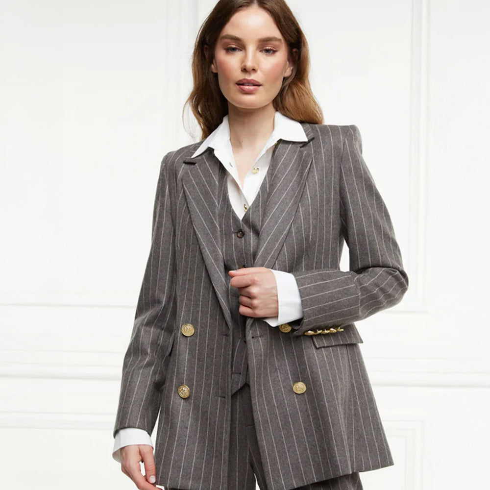 Double Breasted Blazer - Soft Grey Pinstripe
