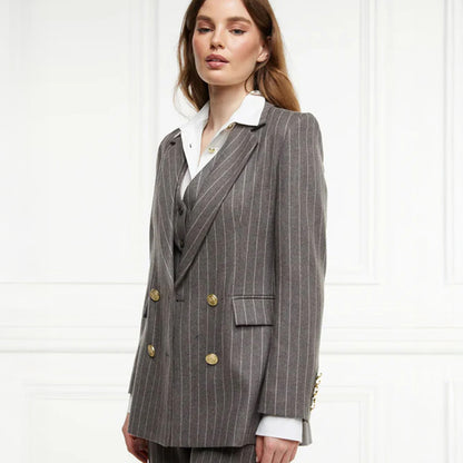 Double Breasted Blazer - Soft Grey Pinstripe
