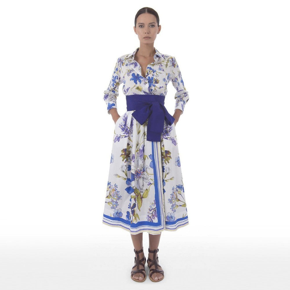 Elenat Floral Dress With Belt - Blue Floral