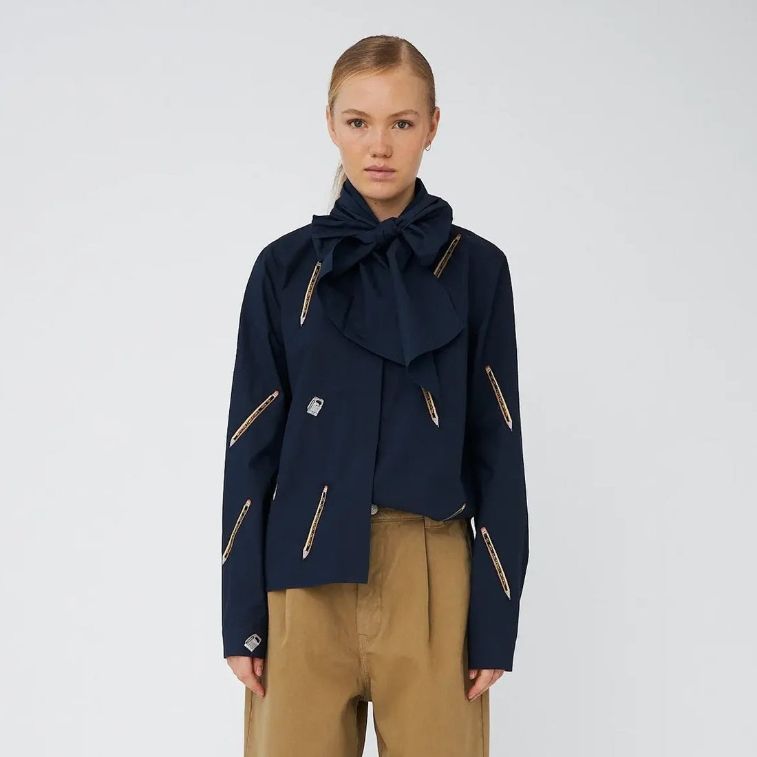Embroidered Cotton Bow Shirt - Navy