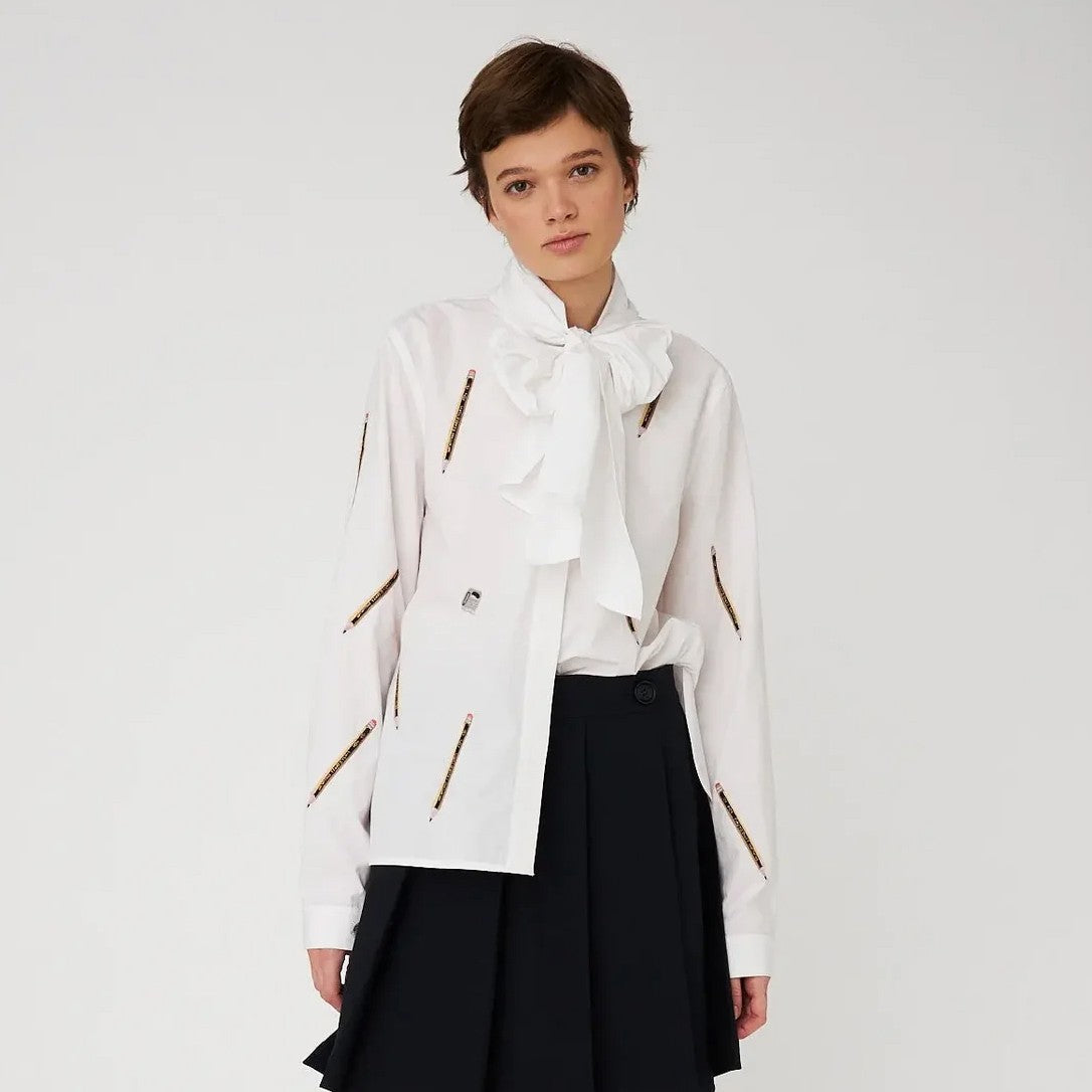 Embroidered Cotton Bow Shirt - White