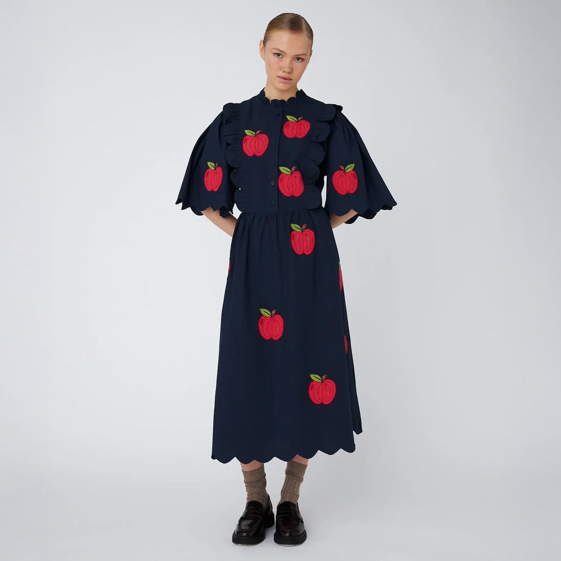 Embroidered Cotton Midi Dress - Navy