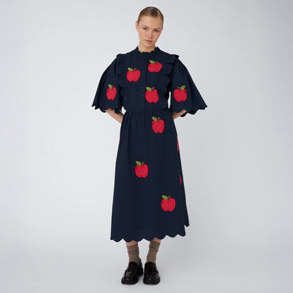 Embroidered Cotton Midi Dress - Navy