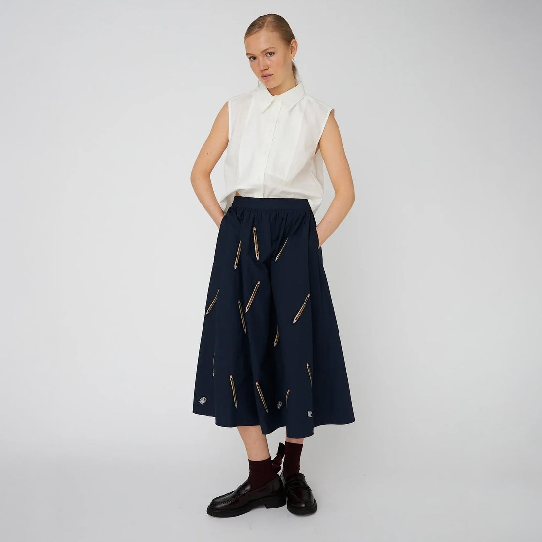 Embroidered Cotton Midi Skirt - Navy