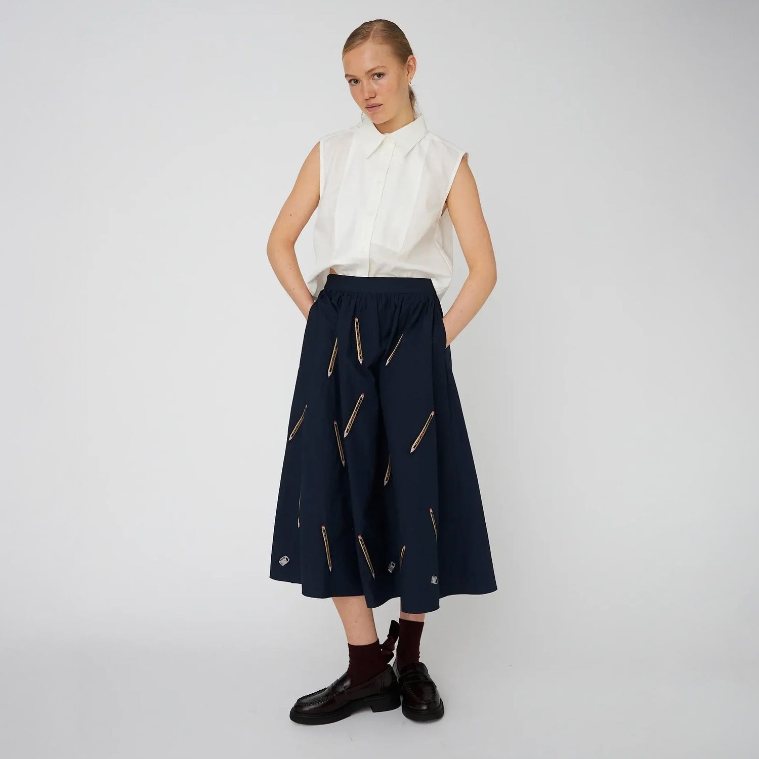 Embroidered Cotton Midi Skirt - Navy