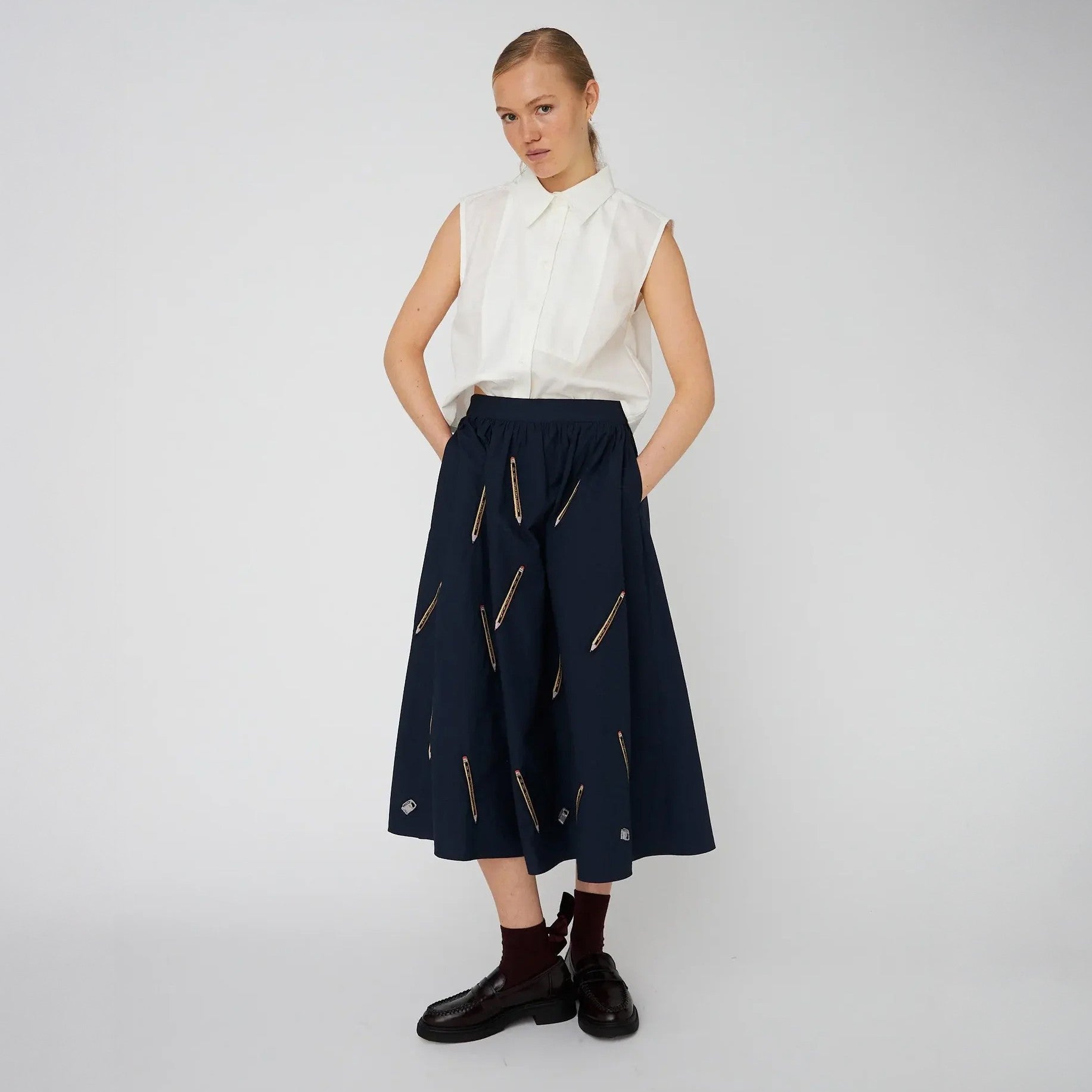 Embroidered Cotton Midi Skirt - Navy