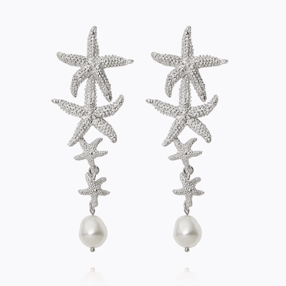 Falling Sea Star Earrings Rhodium - Pearl