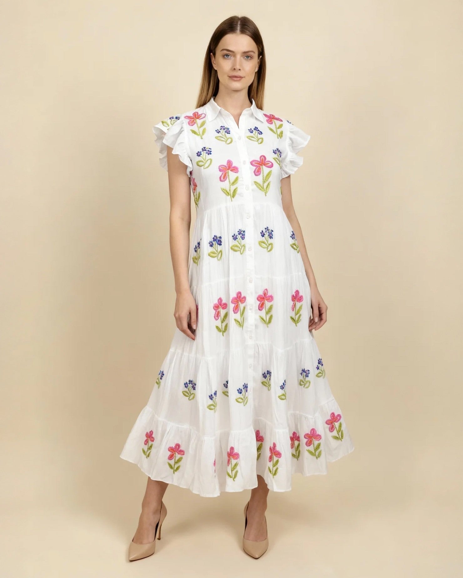 Fiorita Cap Sleeve Shirt Dress - White Multicolour