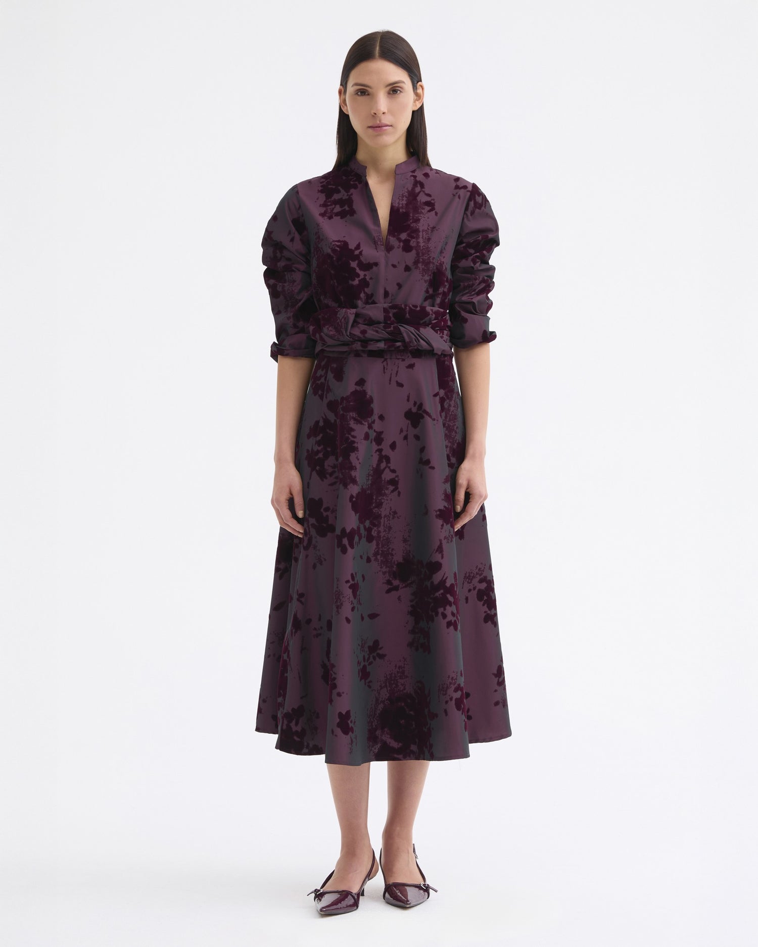 Flocked Velvet Taffeta Dress - Burgundy