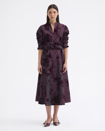 Flocked Velvet Taffeta Dress - Burgundy