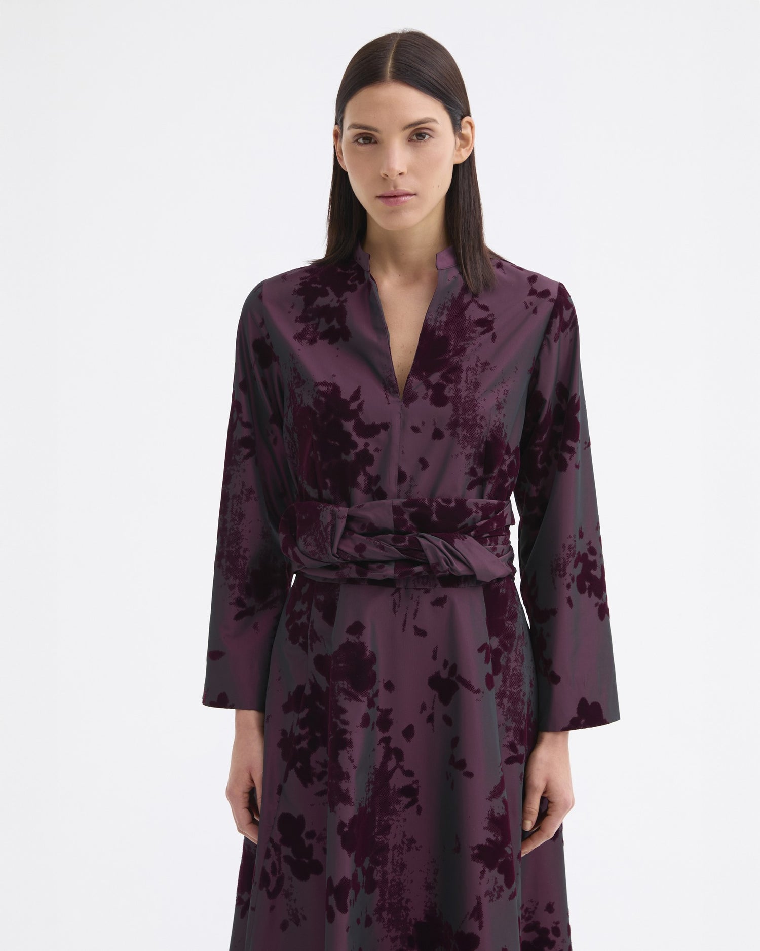 Flocked Velvet Taffeta Dress - Burgundy