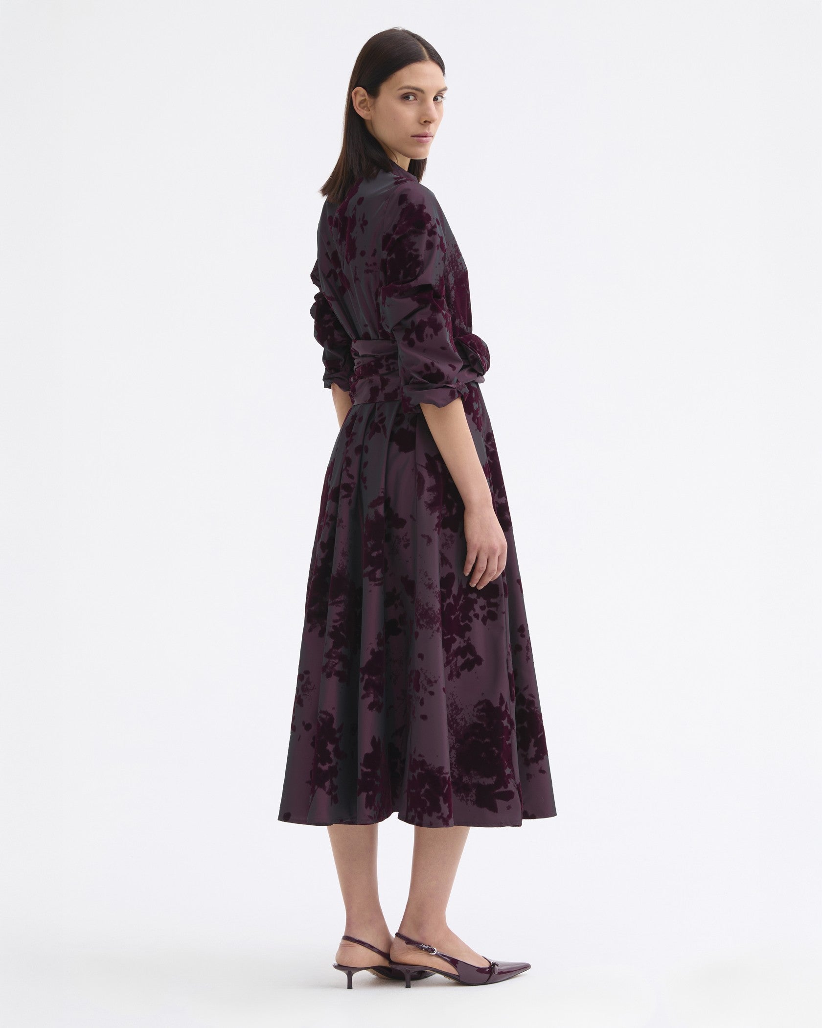 Flocked Velvet Taffeta Dress - Burgundy