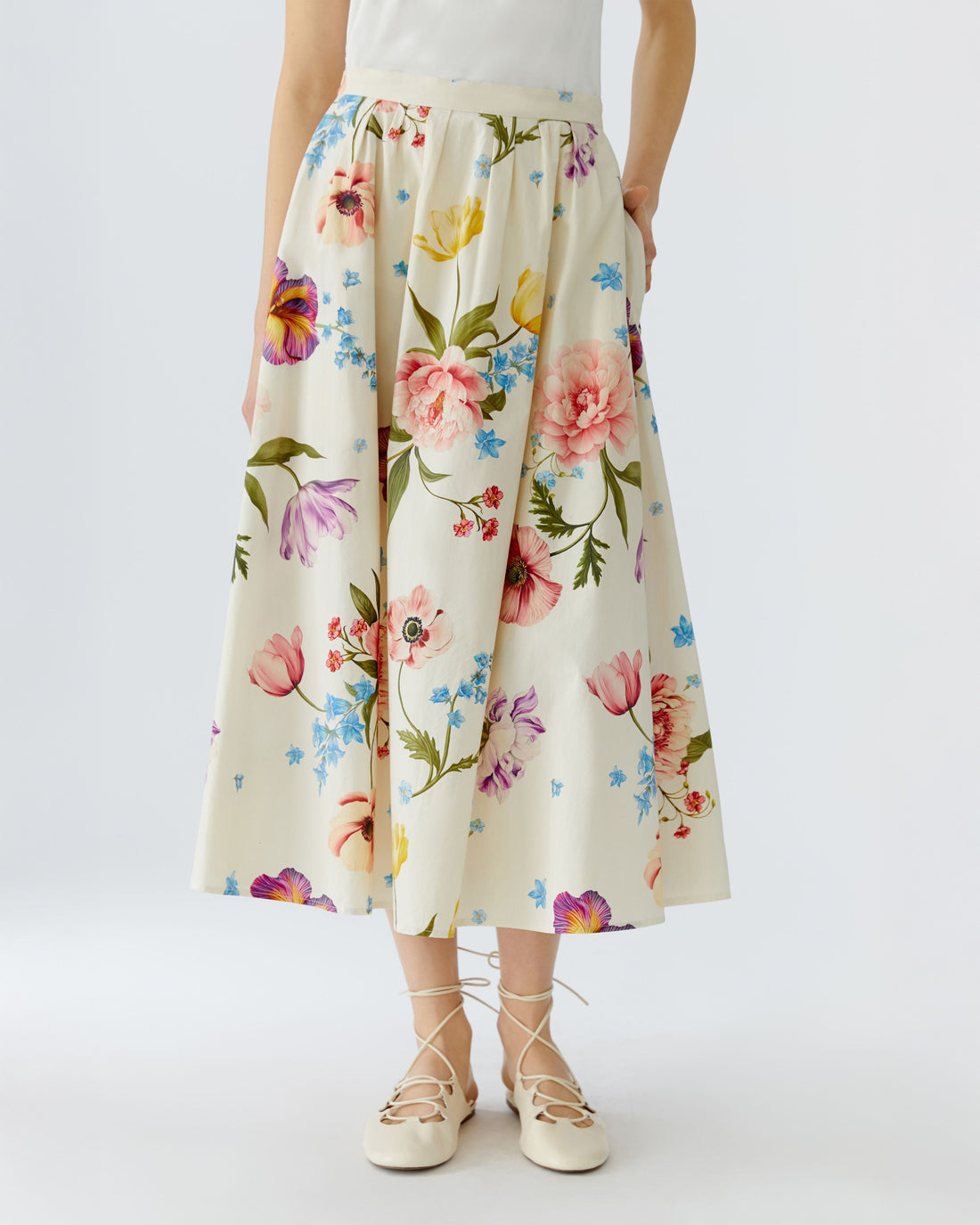 Floral Midi Skirt - White Red