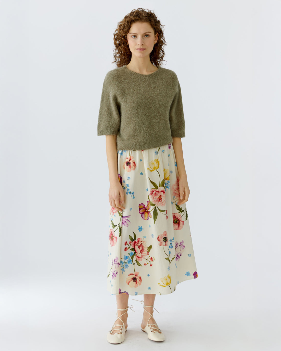 Floral Midi Skirt - White Red