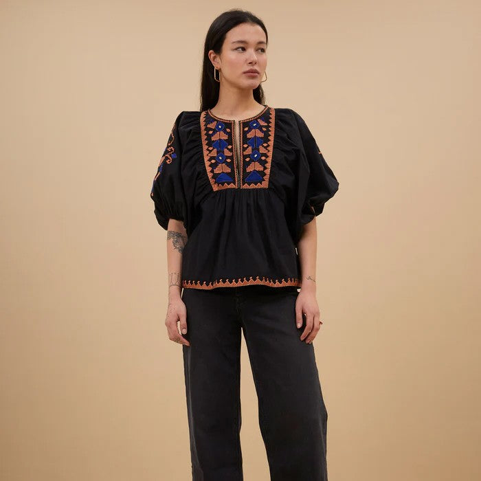 Gabie Embroidery Blouse - Jet Black