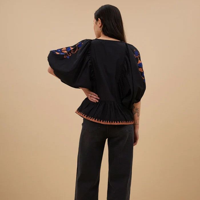 Gabie Embroidery Blouse - Jet Black