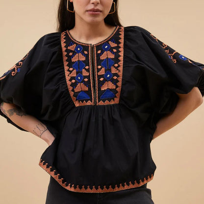 Gabie Embroidery Blouse - Jet Black