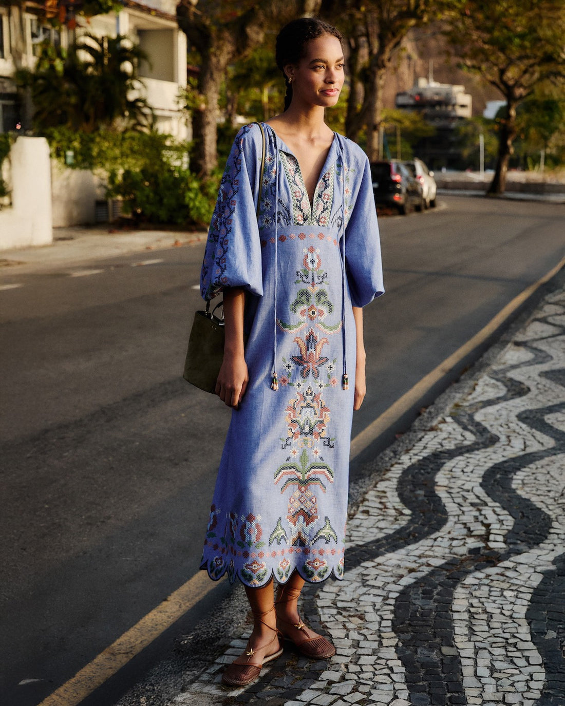 Embroidery Long Sleeve Midi Dress - Garden Tapestry Blue