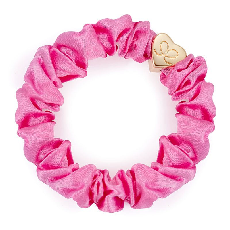Gold Heart Silk Scrunchie - Bubblegum Pink