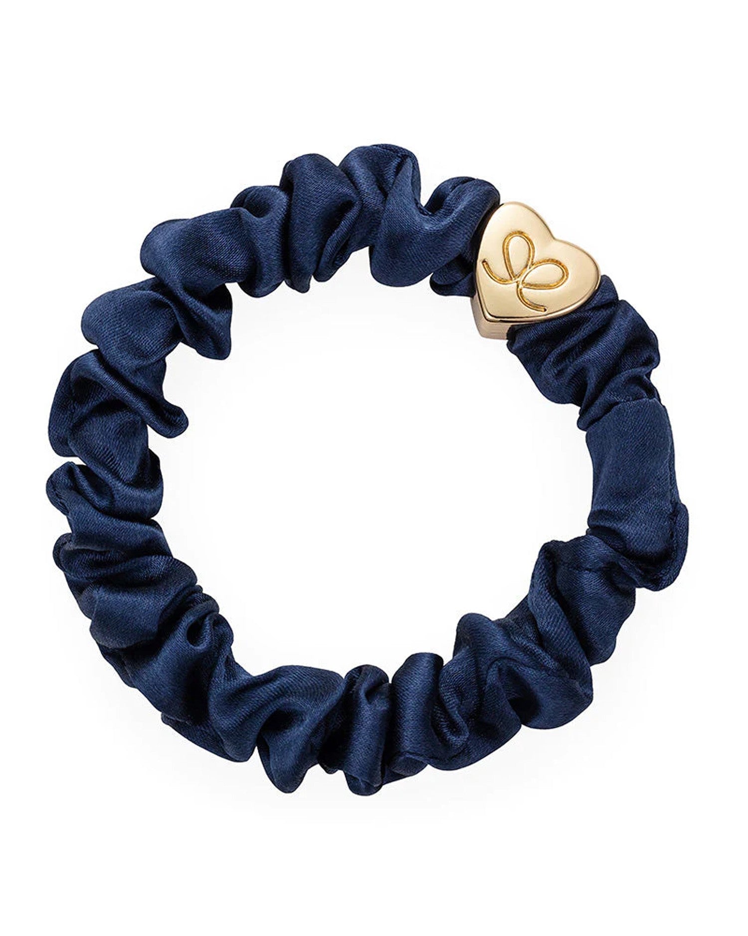 Gold Heart Silk Scrunchie - Navy