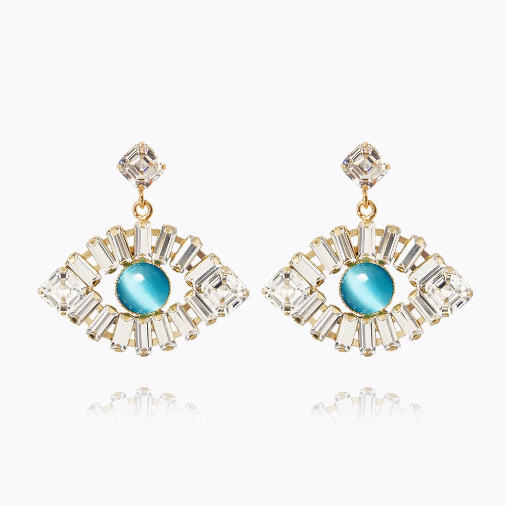Greek Eye Statememt Earrings Gold - Crystal/Aquamarine