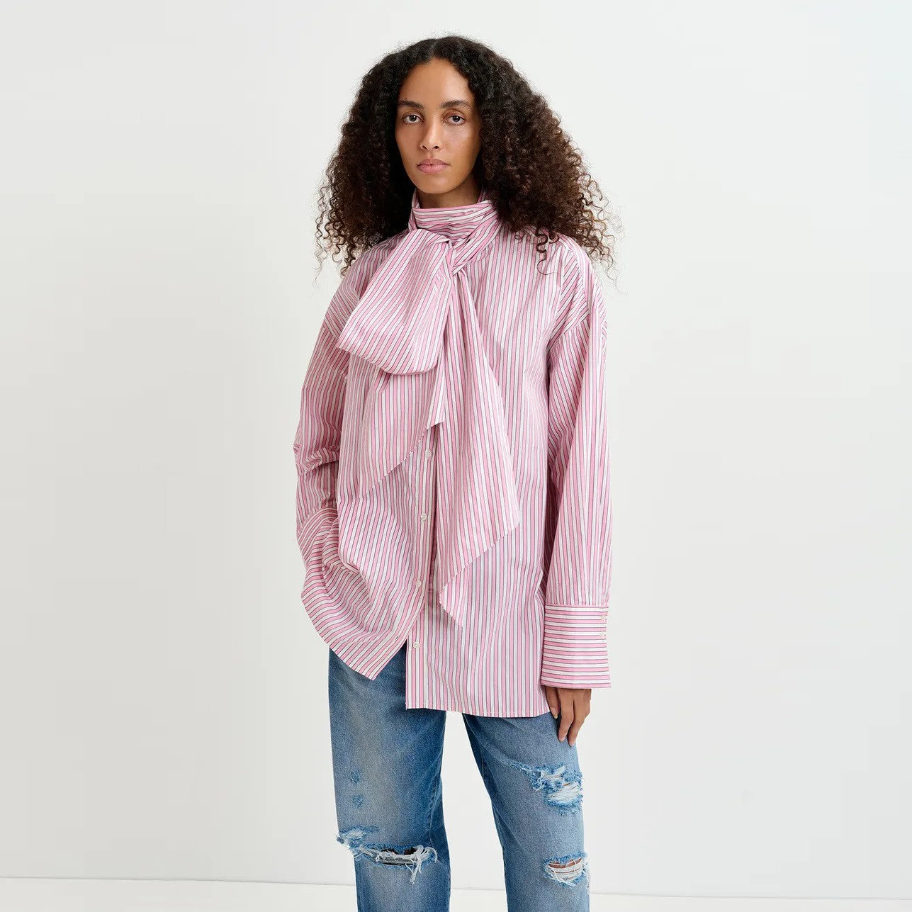 Greta Pussy Bow Tie Shirt - Raspberry Beret