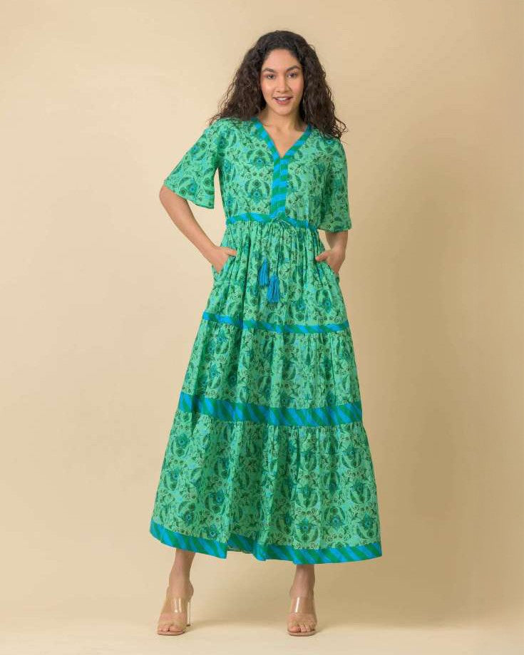 Chocolate Short Sleeve Tiered Maxi Dress - Crescent Green