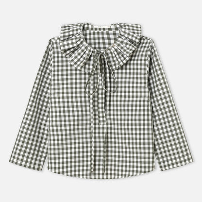Heidi Check Frill Collar Shirt - Khaki