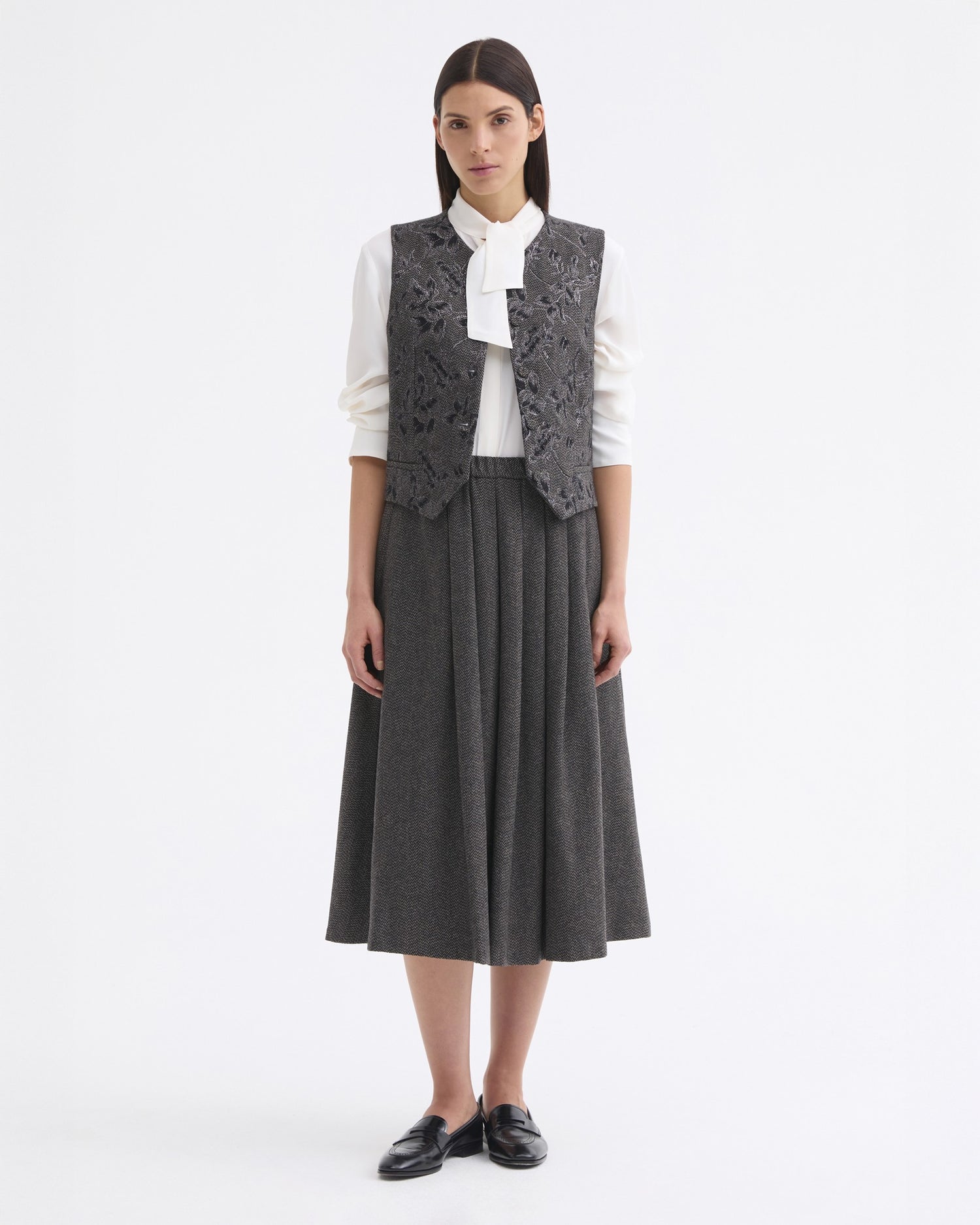 Herringbone Wool Skirt - Dark Grey