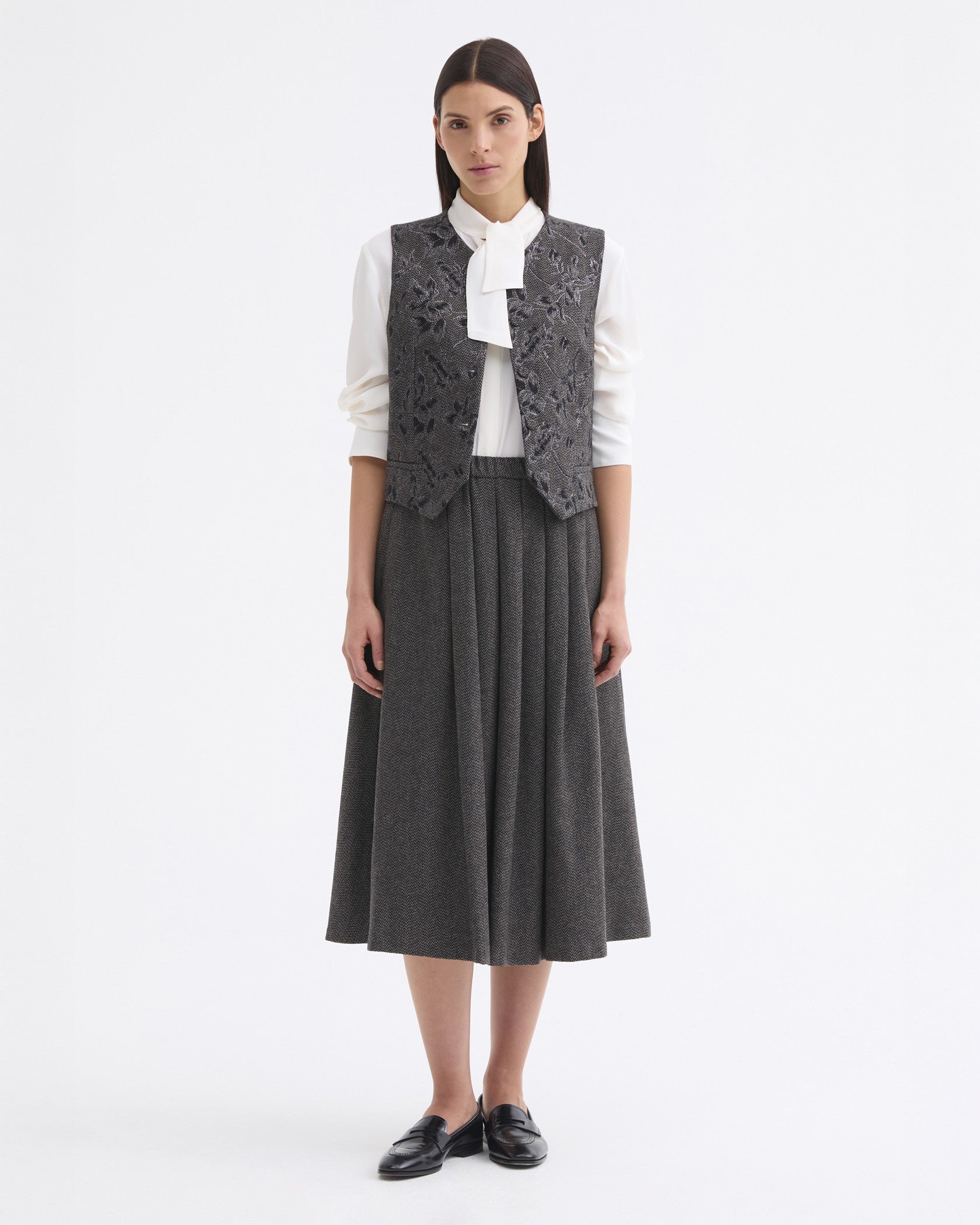 Herringbone Wool Skirt - Dark Grey