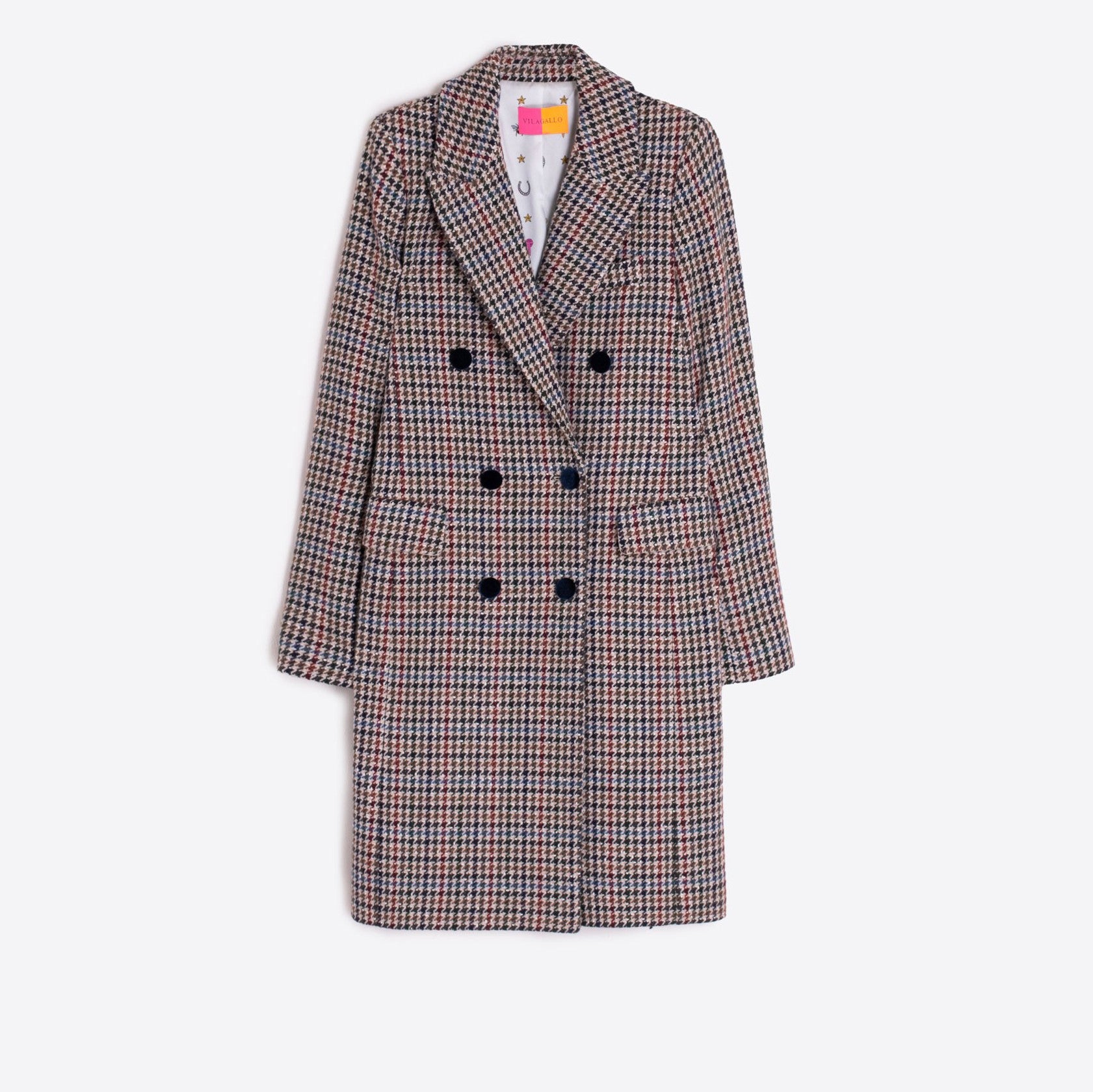 Houndstooth Wool Coat with Velvet Collar - Multi