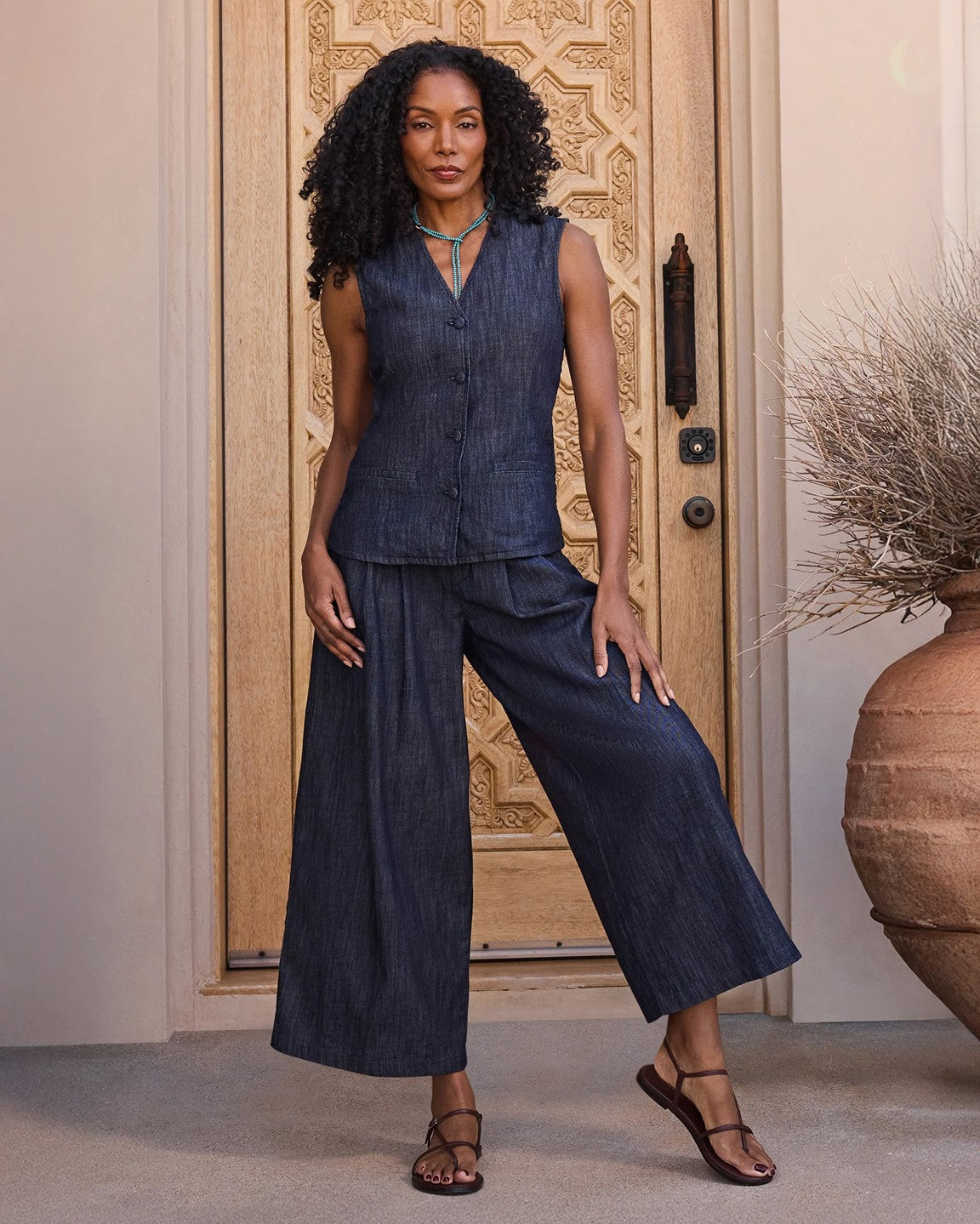 High Rise Giselle Pleated Wide Leg Ankle - Dark Indigo