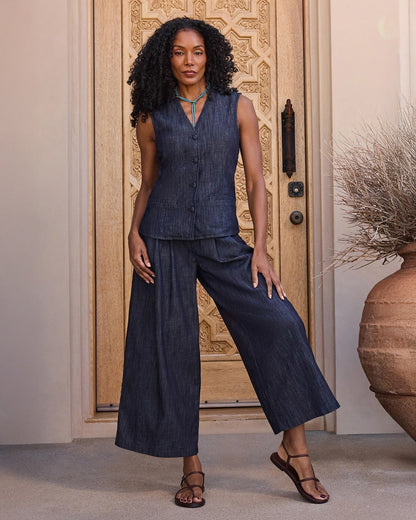 High Rise Giselle Pleated Wide Leg Ankle - Dark Indigo