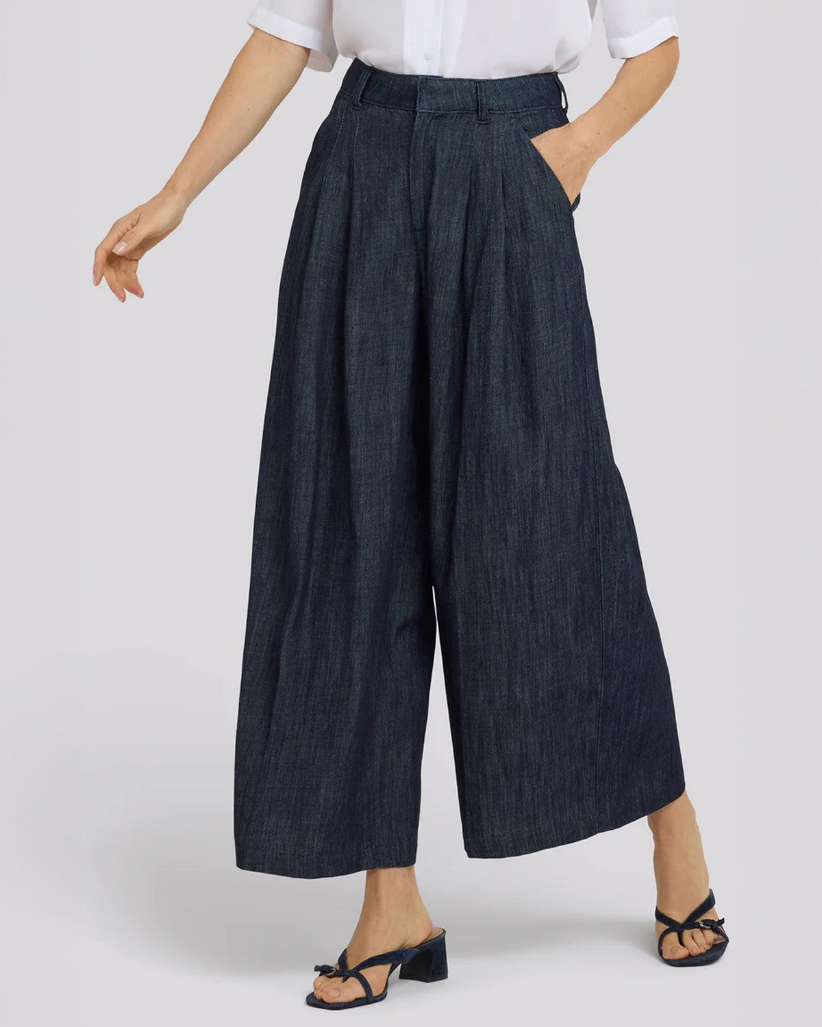 High Rise Giselle Pleated Wide Leg Ankle - Dark Indigo