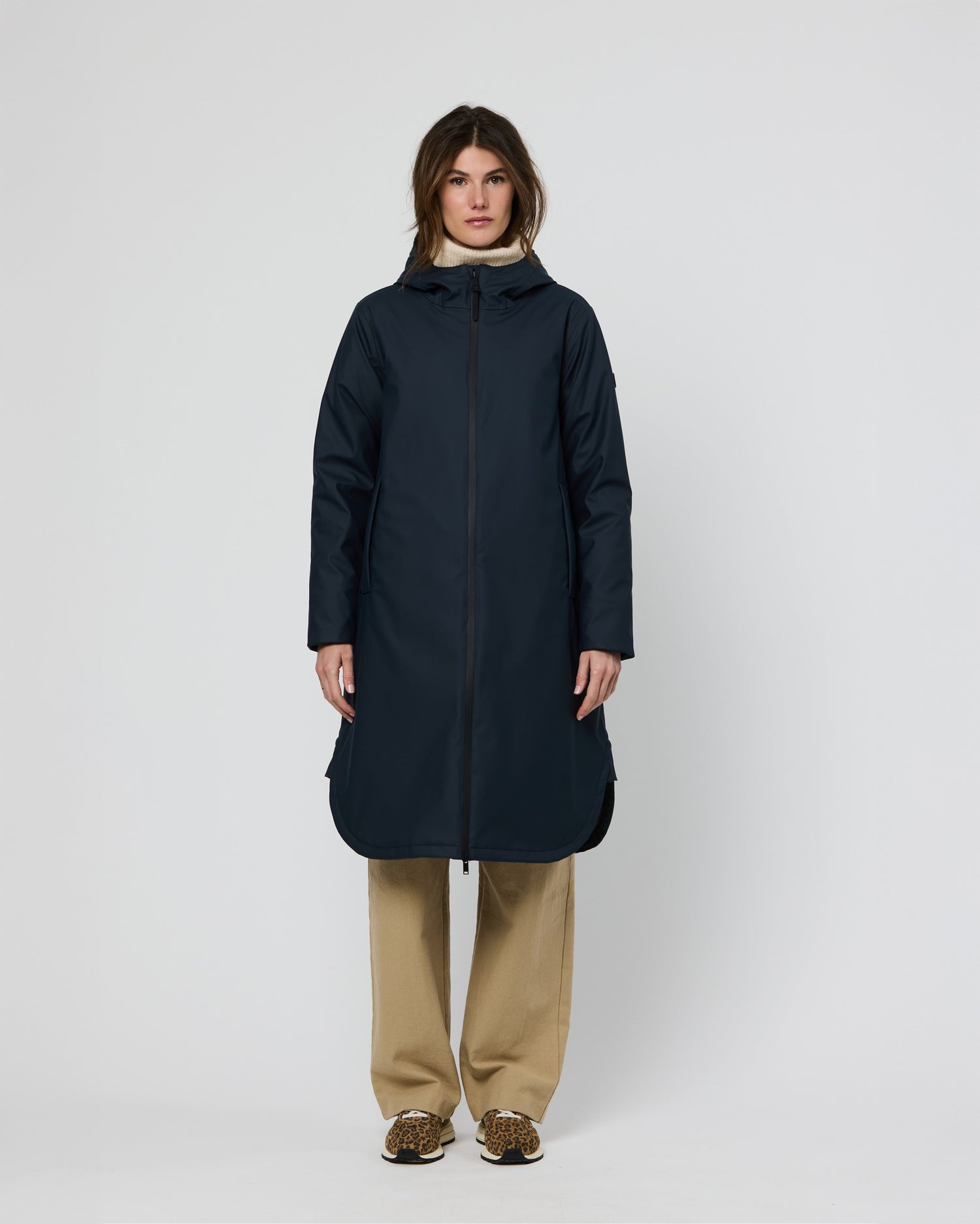 Pu Curved Hem Long Coat - Ice Navy